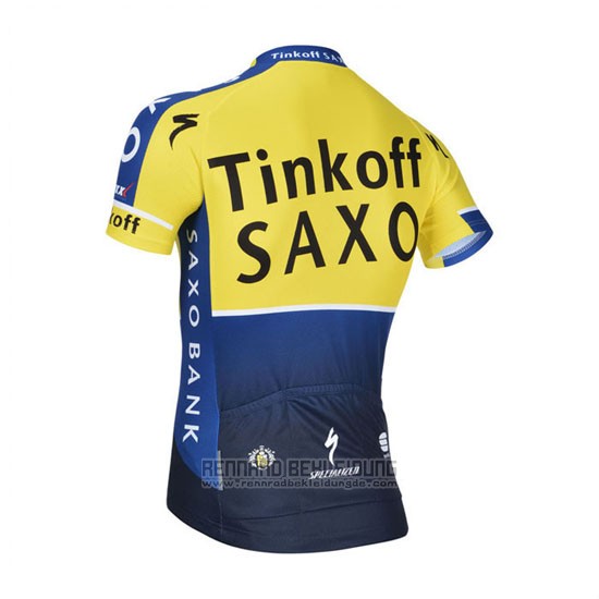 2014 Fahrradbekleidung Tinkoff Saxo Bank Blau und Gelb Trikot Kurzarm und Tragerhose